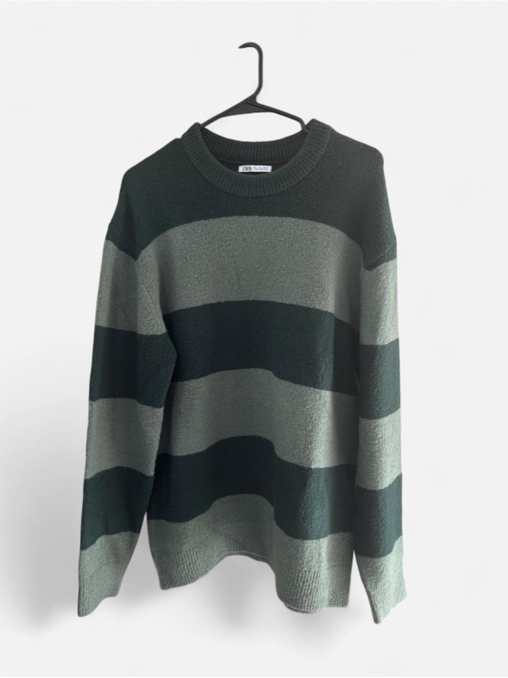 Zara Forest Green &Green Striped Crewneck Knit Sweater Soft Long Sleeve Pullover